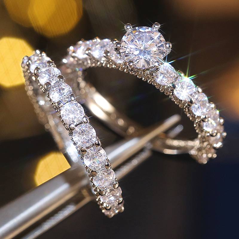 Huitan Sparkling s/Set Ring for Women Luxury Party Accessories Inlaid Bright CZ Fashion Wedding Fancy Jewelry for Lady Gift