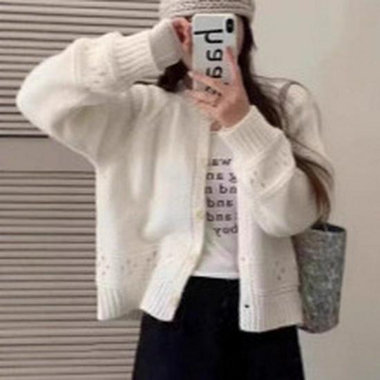 Korejský trendy volný jednoradový kabát: Dámský pletený kardigan s kulatým výstřihem a dutým vzorem podzim/zima