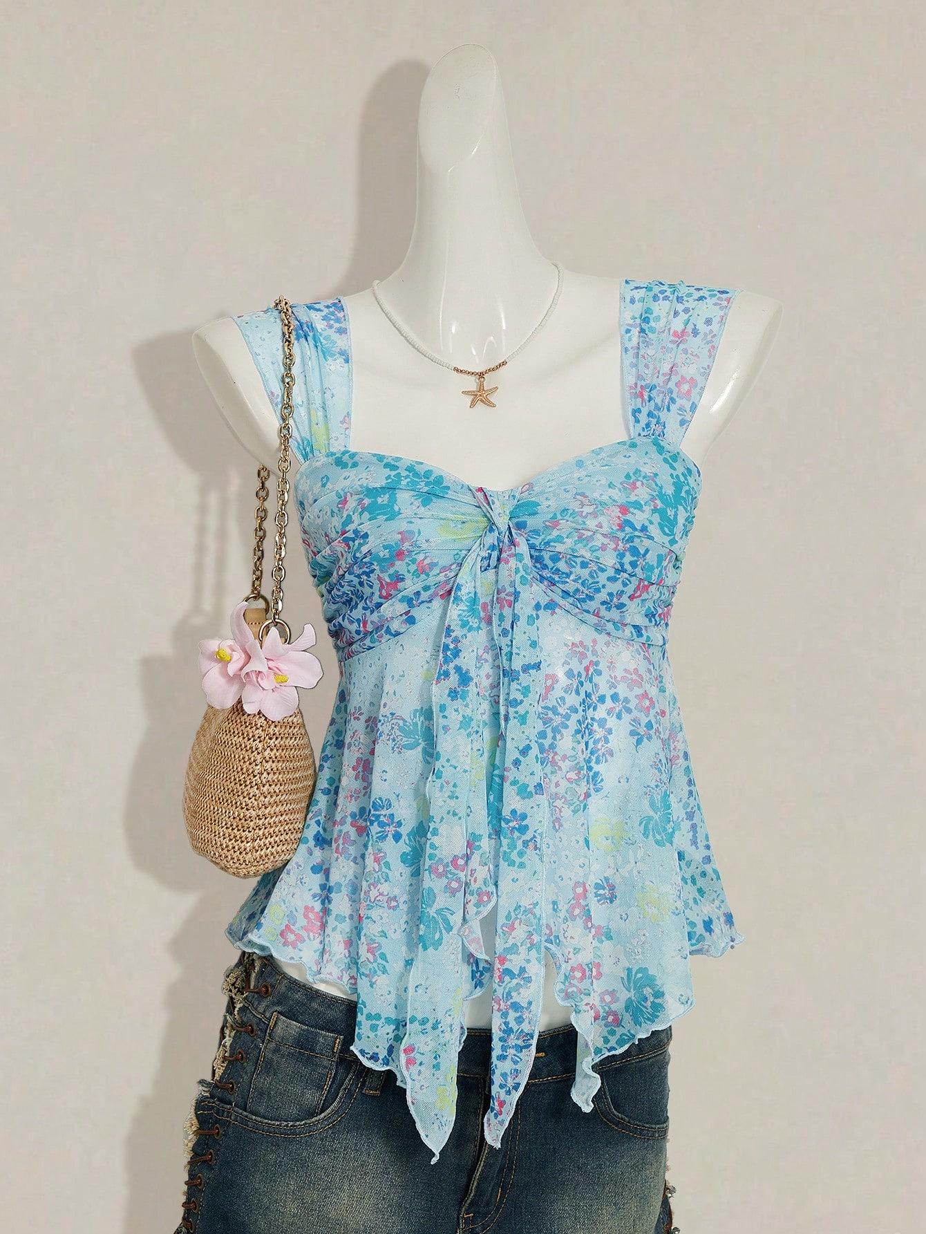 Летняя Мода V-образный Вырез Бант Цветочный Топ-Камисоль со Стройнящим Дизайном XL