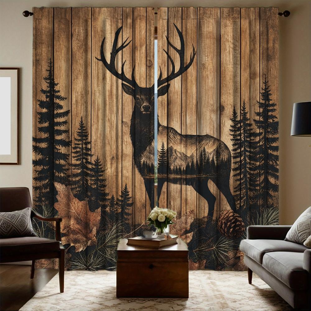 2Pcs Polyester Christmas Majestic Deer Printing Window Curtains Birthday Party Decoration Backdrop Drapes for Living Room