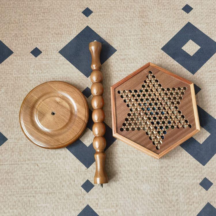 Vintage Hexagonal Side Table Solid Wood Table with Integrated Checkers Board Durable Fun Table for Living Room Multi-Purpose