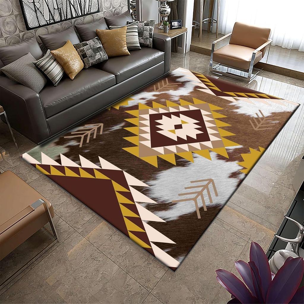 Weiß Braun Kuhfellmuster Bereichsteppich Ethnischer Stamm Pfeil Azteken Südwesten Indianisch Innenbereich Rutschfest Westliches Dekor Fußmatte