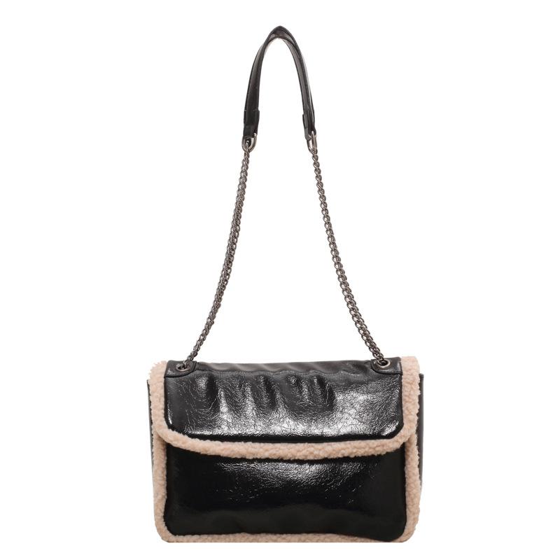 Women's Shoulder Bag Autumn Winter Fashion Lamb Wool PU Splicing Crossbody Bags Large Capacity Oil Wax Leather Chain Handbags