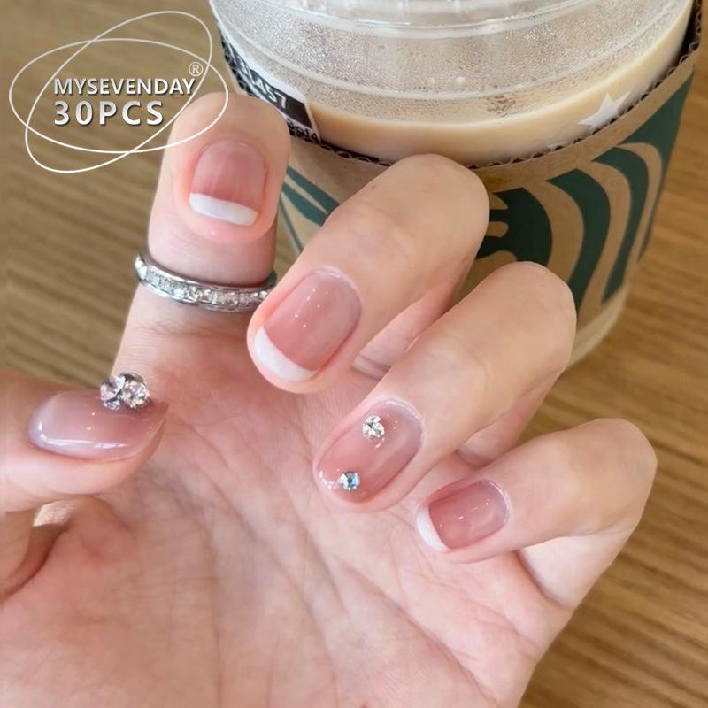 

Handmade Rhinestone Blush French Manicure Short Nail Tips Handmade Nails M#10 pcs/bag