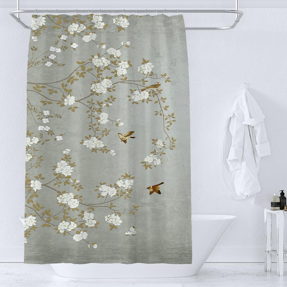 Watercolor Floral and Birds Floral Shower Curtain with Hooks - Waterproof and Minimalist Design for Bathroom Home Decor Curtain