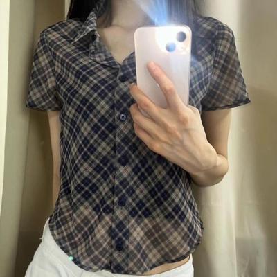 American Vintage Plaid Shirts Street Women Summer New Fashion Slim Fit Blouses Gothic Y2k E-Girl Lapel Neck Short Tops Mujer