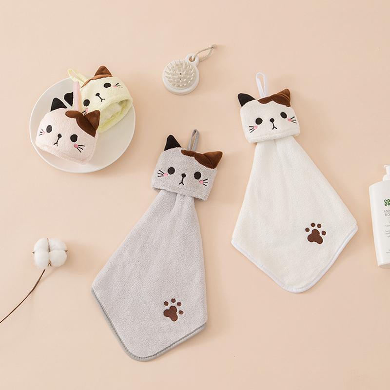 Cute Cat Kitchen Cleaning Towel Coral Velvet Hand Towel Bathroom Hanging Absorbent Dishcloth Soft Cleaning Cloth Rag Quick Dry