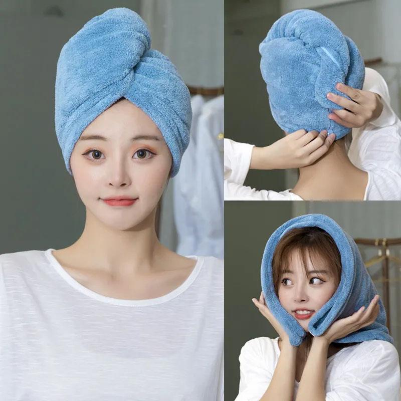 Women Fast Drying Hair Towel Coral Velvet Hair Towel Women Wrap Head Absorption Ater Bath Hat with Button  Bathroom Supplies