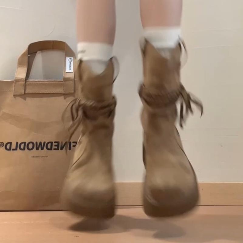 Retro Spice Girl Skinny But Knee Round Head Knight Boots Women's Autumn and Winter Fashion Versatile Medium Boots Fashion Boots Tide