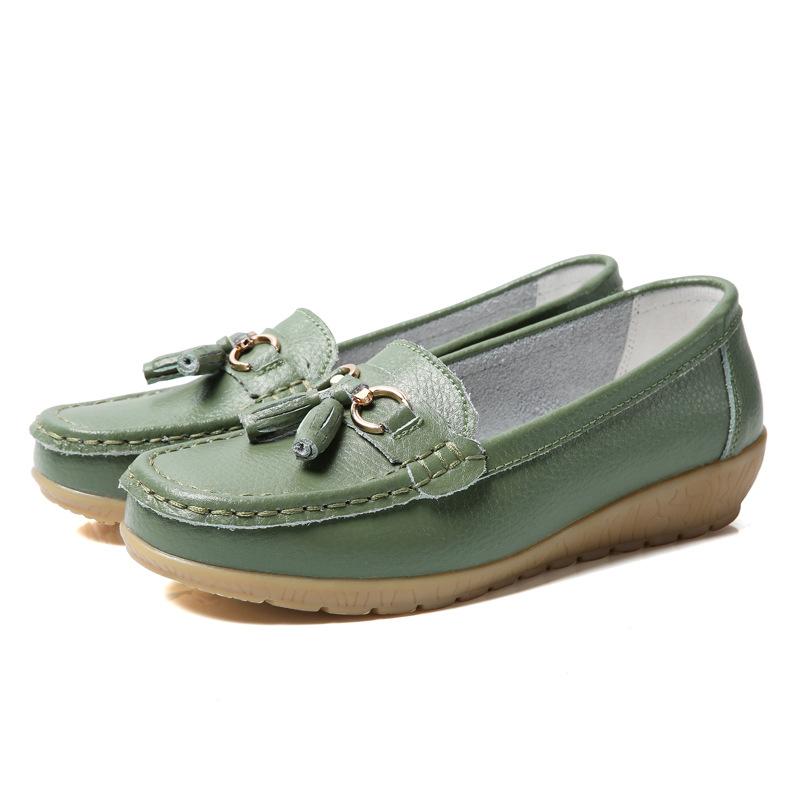 Four Seasons Women s Two-layer Genuine Cowhide Loafers, Wedge Heel Casual Nurse Shoes For Middle-aged & Elderly Ladies 35 армия зеленый