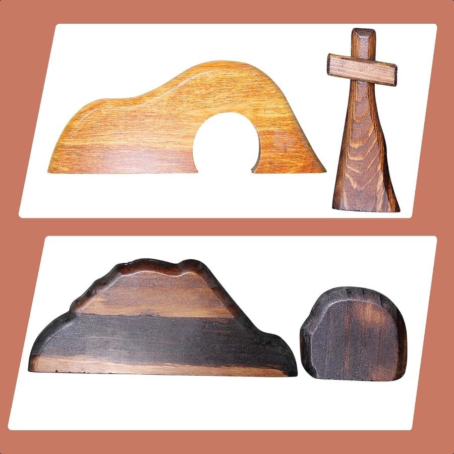 Easter Empty Tomb Scene with Cross Decor Statue Wooden Nativity Set Jesus Decorations Catholic He is Risen for Home 4PCS Empty