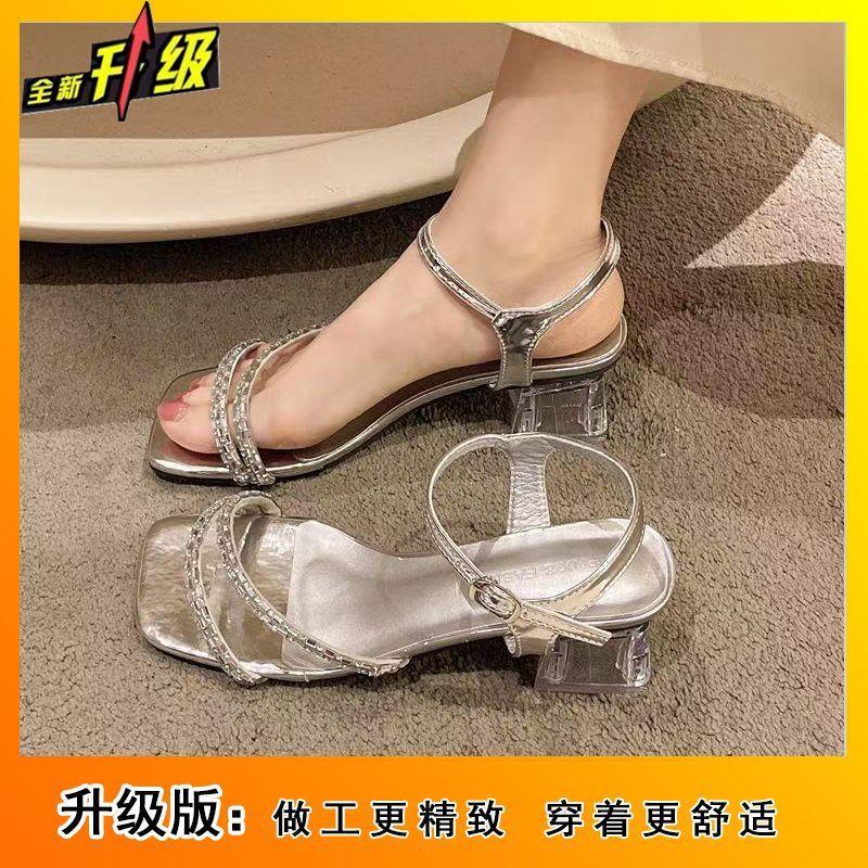 Summer 2025 new high-end niche mid-heel sandals women's transparent thick heel with crystal rhinestone sandals