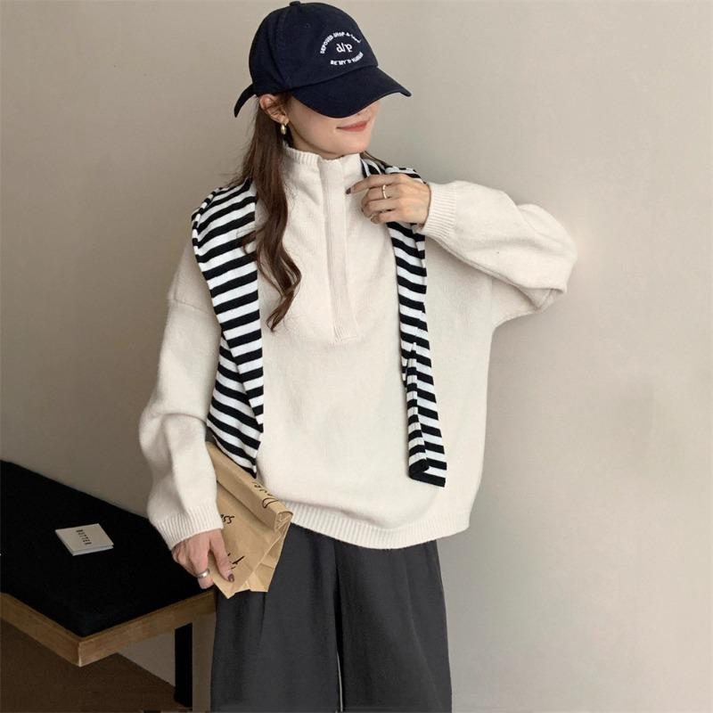 Design sense stand collar half zipper sweater women's autumn and winter new loose thick simple pullover knitted sweater top