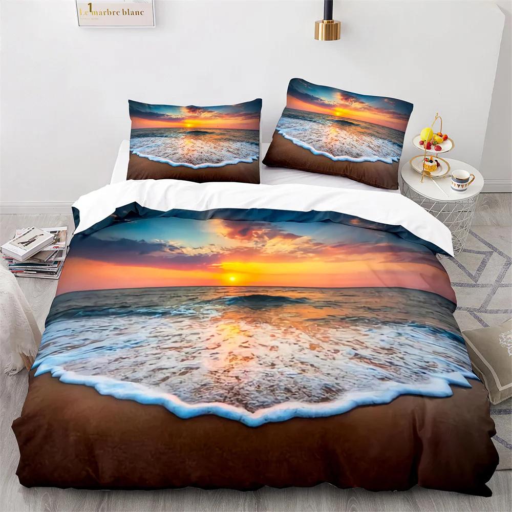 Täcke Strand Havssolnedgång Hawaiianska Vågor Täcke Tropisk Ö och Hav Strand Natur Polyester Sängkläder Set