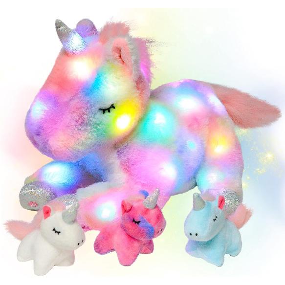 Hopearl LED Plush Unicorn Lighting Up Stuffed Mommy Unicorn with 3 Baby Unicorns In Her Tummy Stuffed Animal Playset Night Lights Glow In The Dark