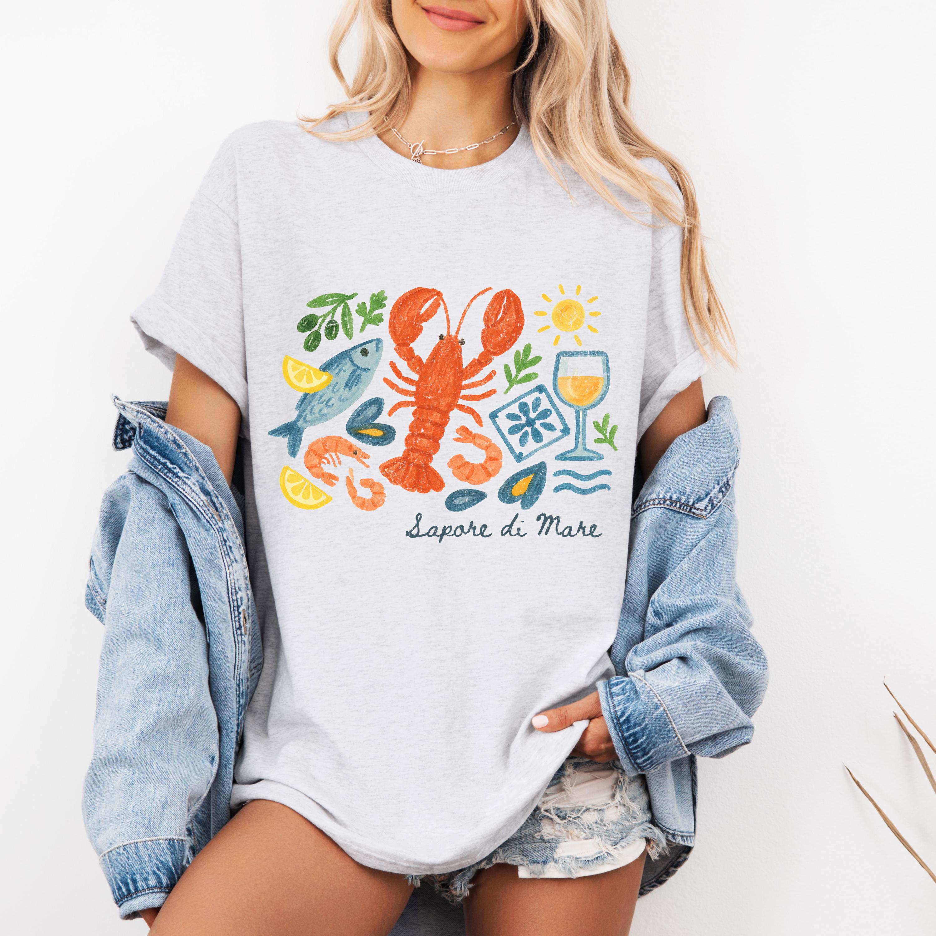 Italian Coastal Seafood Collage T Shirt Retro Amalfi Coast Shirt Summer Women T Shirts S белый