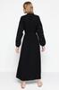 Women's Fashion New Hijab Dress Black Belted Pearl and Stone Detailed Woven Dress