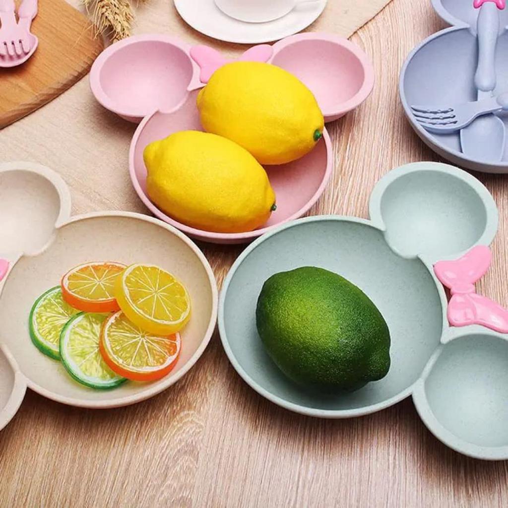 Minnie Tableware Tableware Set 3 Piece Set Plastic Spoon Fork Children Toddler Plate Bowl Tableware Plate Plate Set Children's Children's (Green)