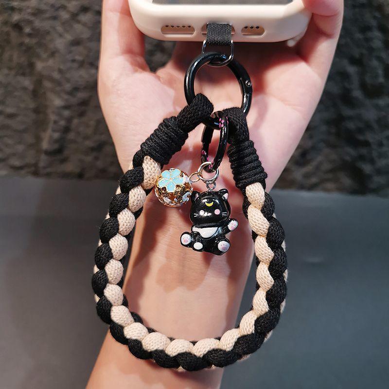 Women S Woven Phone Wrist Strap Cat Charm Anti Lost Lanyard