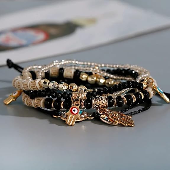 Braccialetti Multistrato Mano di Fatima Occhio Maligno Protezione Fortunata con Charms in Cristallo Colorato e Perline per Donne Ragazze