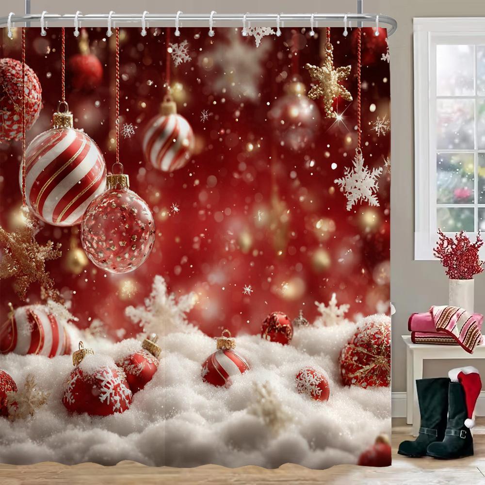 Christmas Shower Curtain, Red Christmas Snowflake Bell Bathroom Curtain Decoration Set With Hook Fabric Christmas Gift