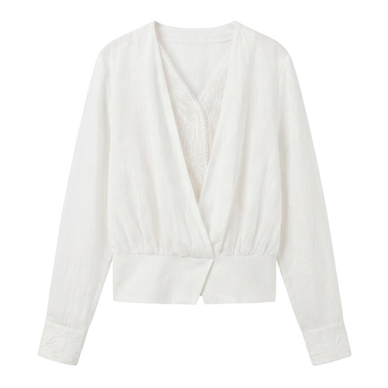 ELLE Linen Embroidery Lace V-Neck Blouse