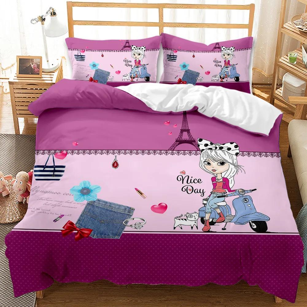 Cartoon Bedding Set For Girl Women Adults Child Winter Duvet Cover Sets Cute Print Princess Pink Young Girl Quilt Cover Single