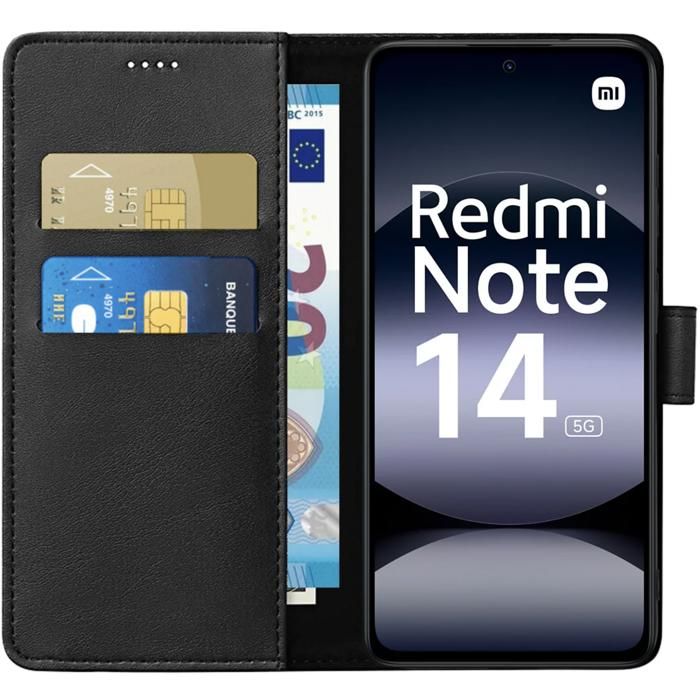 Case - Phonillico® - Xiaomi Redmi Note 14 5G - Black Wallet - Magnetic Flip - Card Storage
