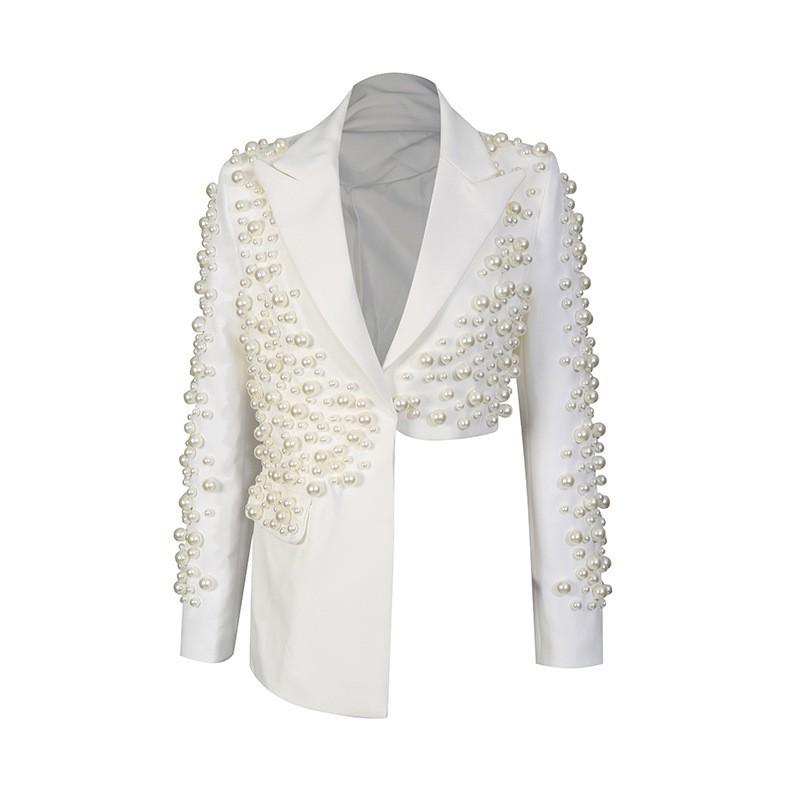 Fashion Sexy Wind Skirt Suit Women Lapel Pearl Decoration Short Top + Low Waist Slimming A-line