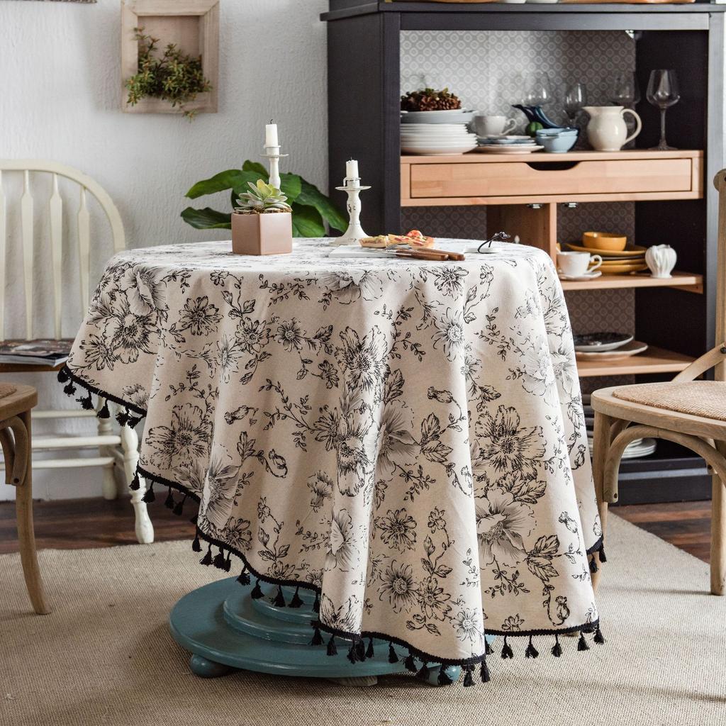 Decorative Tablecloth with Rice Base, Small Floral Print Round Green Fringe Cloth - Suitable for Holiday Dining Rooms, Living Rooms, Family Gatherings