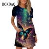 2026 New Summer 3d Peacock Pattern Loose A-line Round Neck Dress Casual Beach Party Short-sleeved Dress