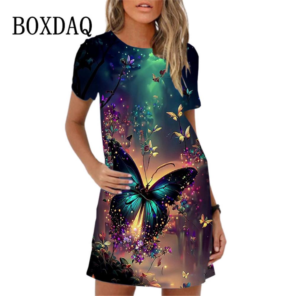 2026 New Summer 3d Peacock Pattern Loose A-line Round Neck Dress Casual Beach Party Short-sleeved Dress