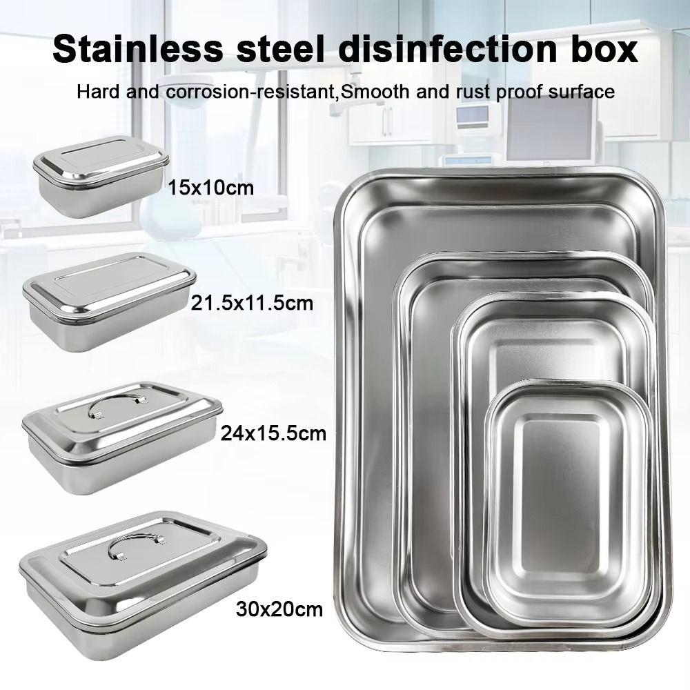 New Stainless Steel Dental Instruments Tray With Lid Silver Storage Box Rectangular Disinfection Box
