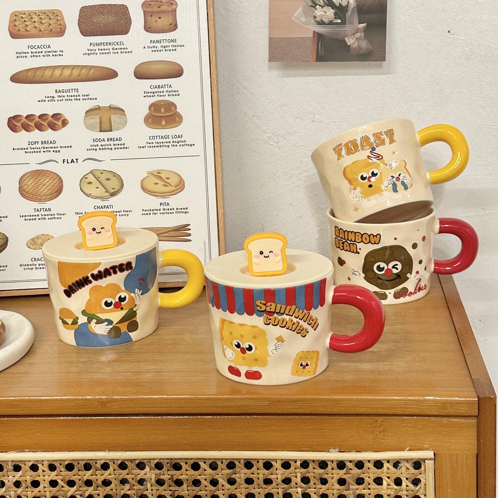 Cute Ceramic Cup Household Mug with Lid Spoon Cartoon Water Cup Female Student Dormitory Breakfast Milk Coffee Cup