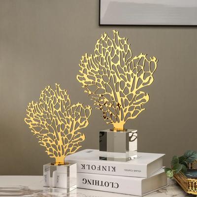 Glass Ornament Golden Hollow Tree Lucky Metal Tree Decorative Figurines Crystal Coral Figurine Home Decoration Accessories