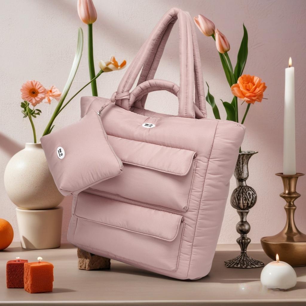 Down Jacket Tote Bag with Fluffy Cotton Filling, Large Capacity, Ultra Lightweight, Soft and Cute Cloud Like Cotton Jacket, Women's Bag