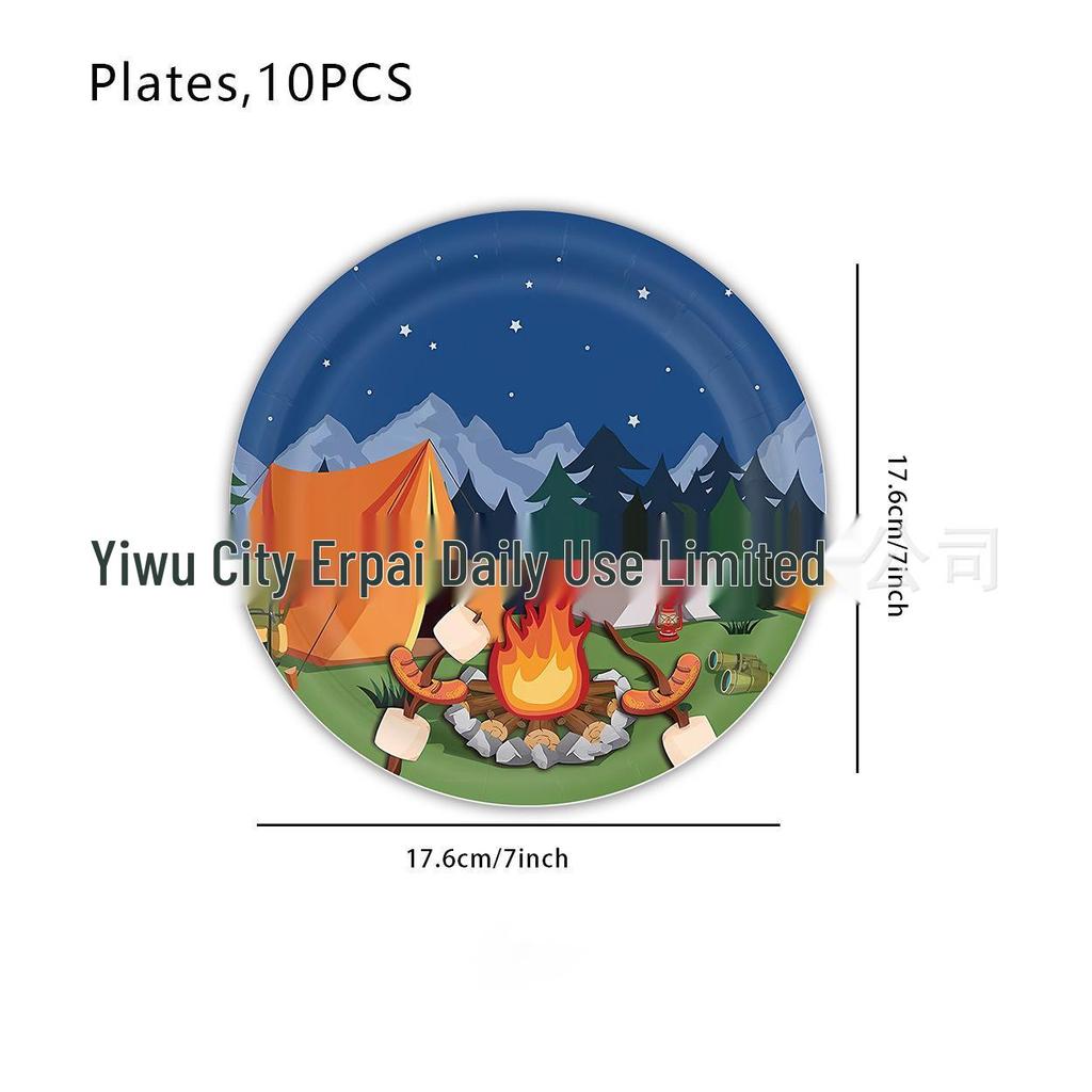 Camping-Themed Birthday Party Disposable Tableware Set: Plates, Cups, Napkins, Tablecloth, Cutlery.