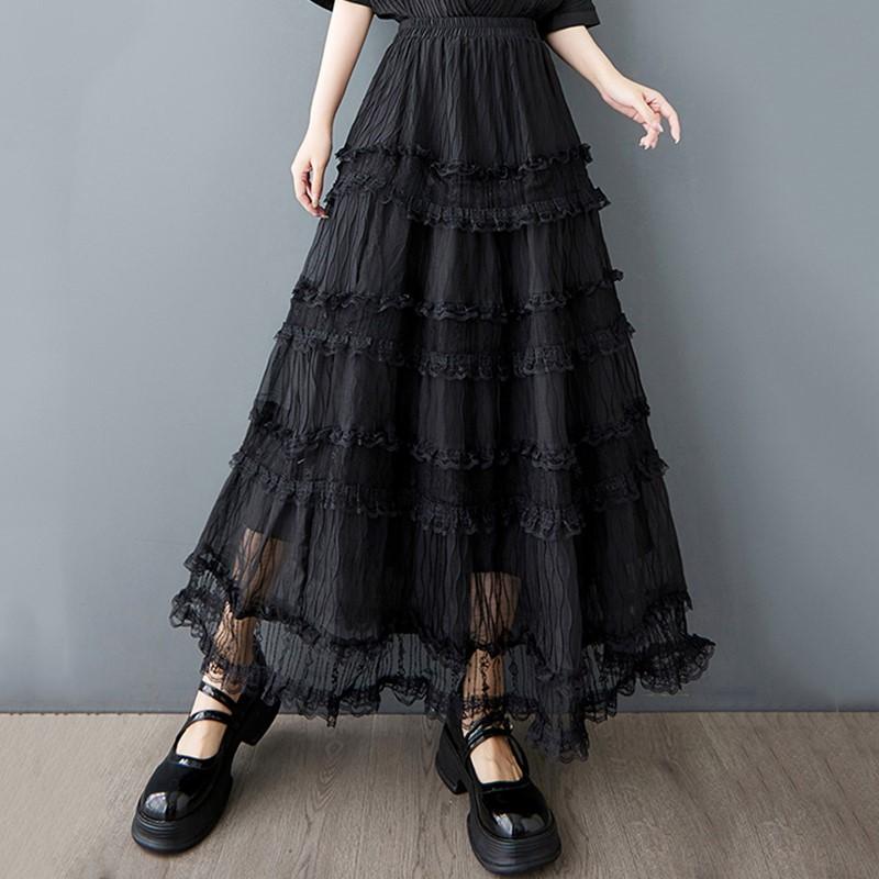 Black Plus Size Mesh Lace High Waist Vintage Summer Casual Loose Long for Woman Skirts Womens Skirt