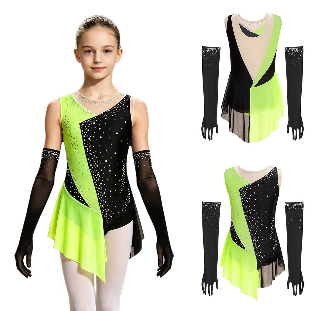 Kids Girls Latin Dance Figure Skating Leotard Sleeveless Mesh Patchwork Shiny Rhinestone Color Block with 1 Pair Gloves Competition Stage Performance