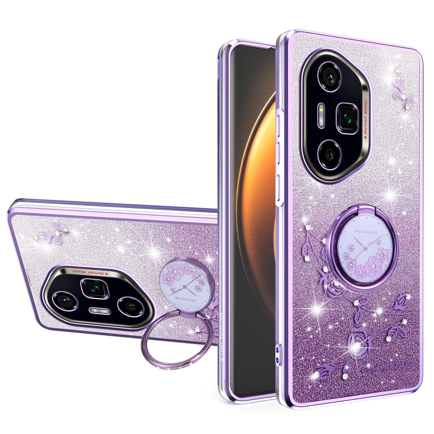 

For Honor 300 Ultra Case Ring Kickstand TPU Flowers Phone Cover Gradient Glitter Purple