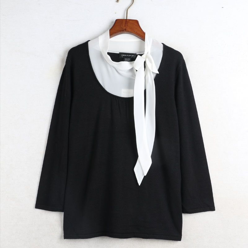 

Осенний Дом Солнца Новое поступление Экспорт Европейская и американская женская одежда Интеллектуальная элегантность Воротник на шнуровке Трикотаж Большой размер Свитер Black L: Bust size 102-108