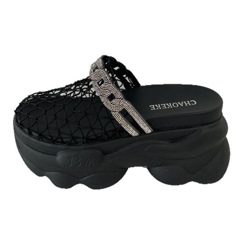 

Модная женская обувь 2025 Новые сетчатые женские тапочки с закрытым носком на платформе дышащие хрустальные сандалии уличные летние повседневные римские тапочки 34