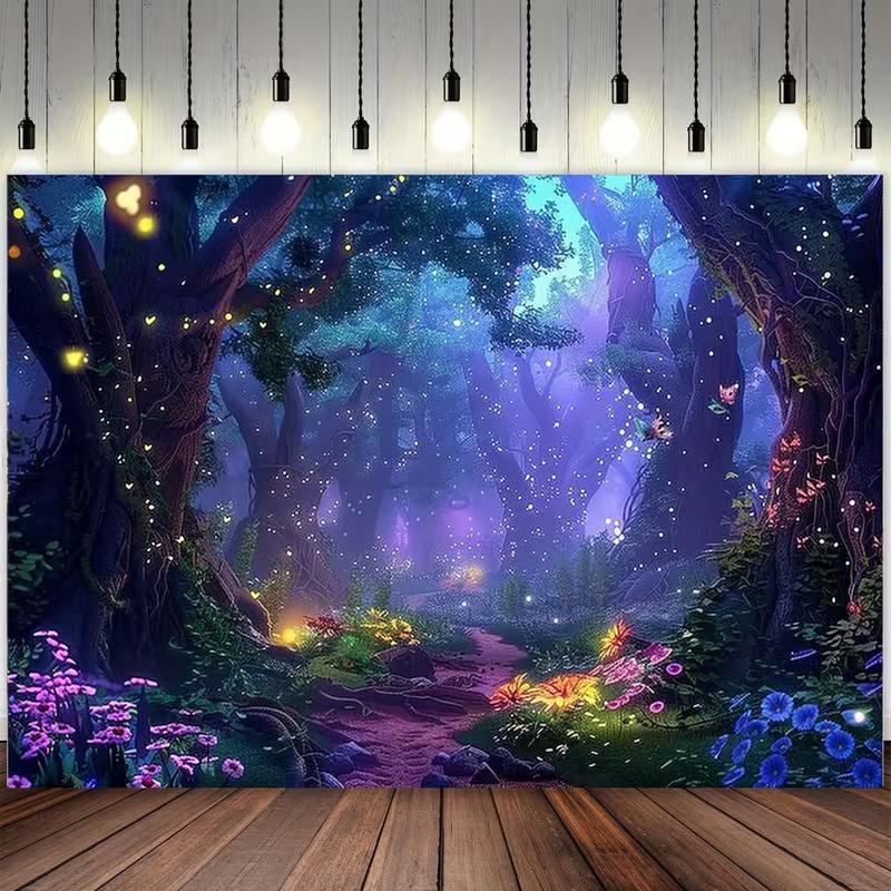 2D Enchanted Glowing Flower Forest Background Tapestry