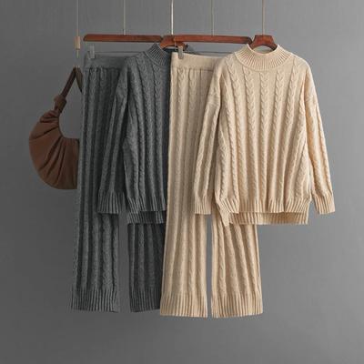 2024 Autumn Solid Color Half Turtleneck Split Sweater Twist Pants Sets Women Winter New Fashion Knitted Two-piece Sets for Women