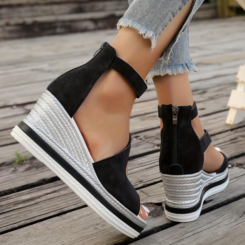 Women's Platform Slip On Sandals, Back Zipper Casual Hollow Walking Shoes, Comfort Wedge Vacation Shoes