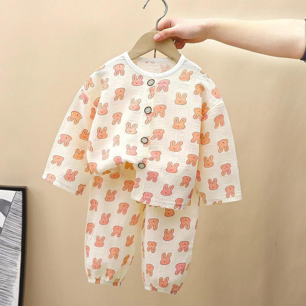 Kids' Cartoon Cotton Gauze Homewear Set - Nine-Sleeve, Unisex