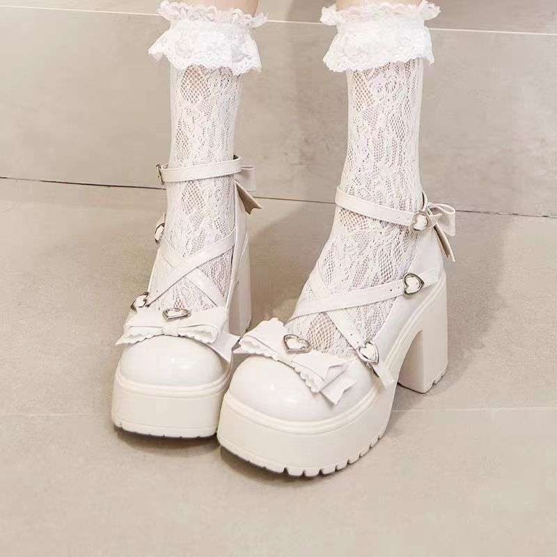 Mary Jane shoes women's autumn new thick heel lolita high heels bow small leather shoes platform heightening single shoes