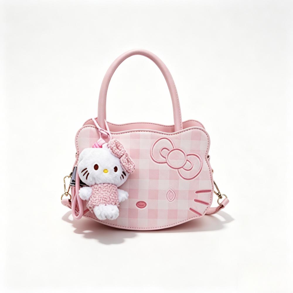 Miniso Fashionable Women's Shoulder Bag Plaid Pattern Women's Shoulder Bag with Pink KT Cat Pendant