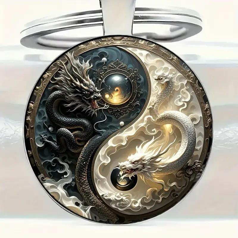 Yin Yang Dragon Keychain - Fashion Alloy Pendant, Black And White Dragon Design, Perfect For Bags, Backpacks And Unique Gifts