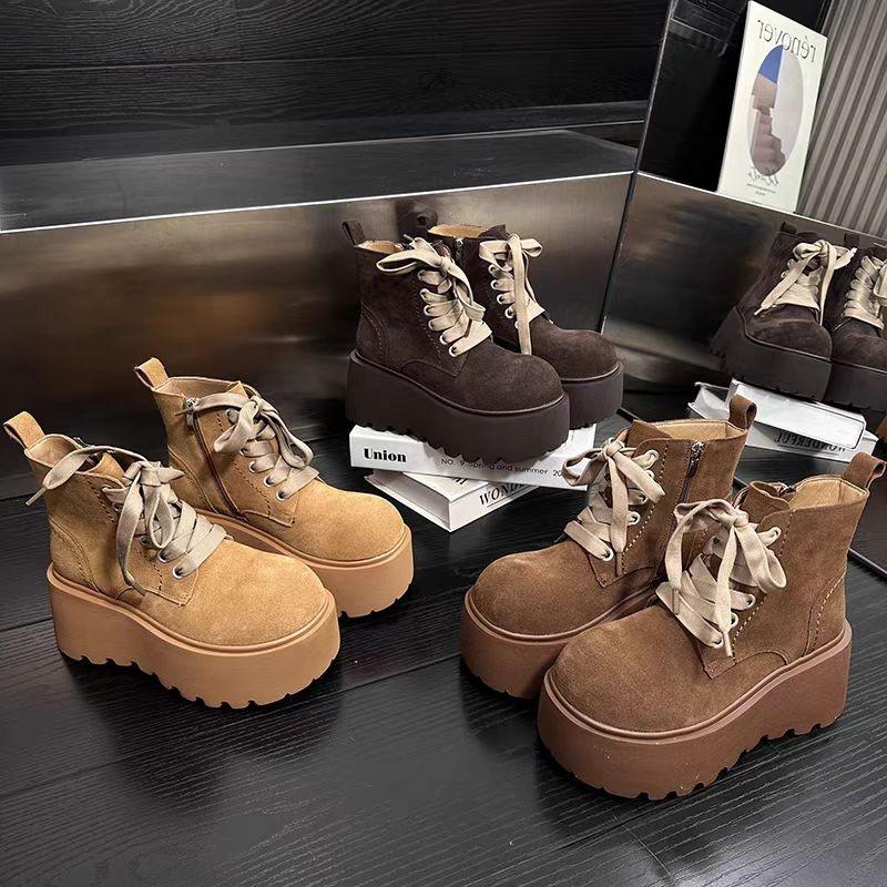 Dámské semišové boty na platformě, vysoké podpatky, kotníkové boty, značkové ležérní tenisky, šněrovací chelsea boty, zimní trendy 2024, teplé boty pro ženy